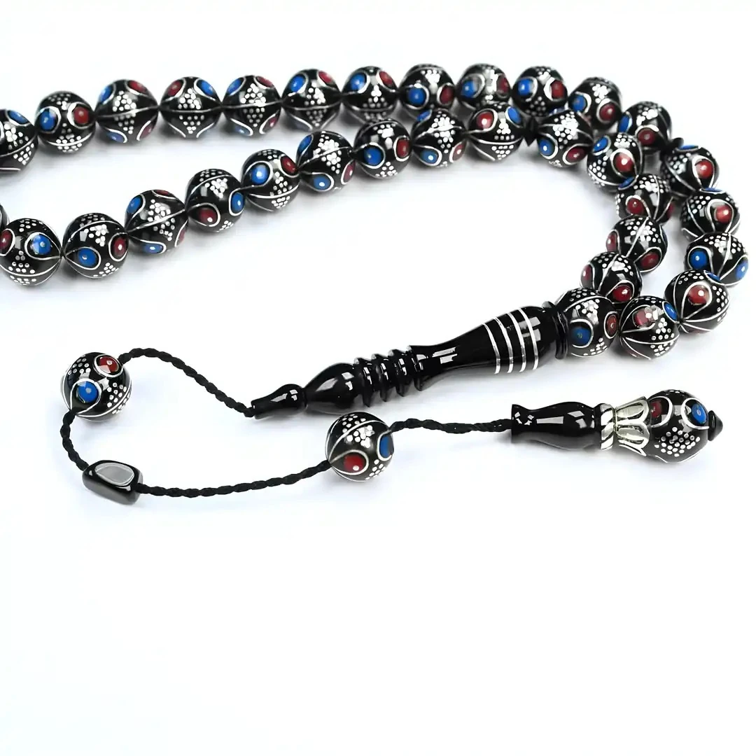 Oltu Taşı Çift Renk Damla Karpuz İşlemeli Tespih