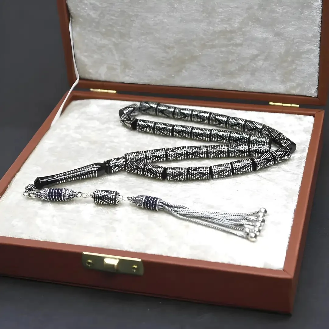 BlackCraft Çemberli Kesme Model Kum Saati Gümüş İşleme Oltu Taşı Tespih