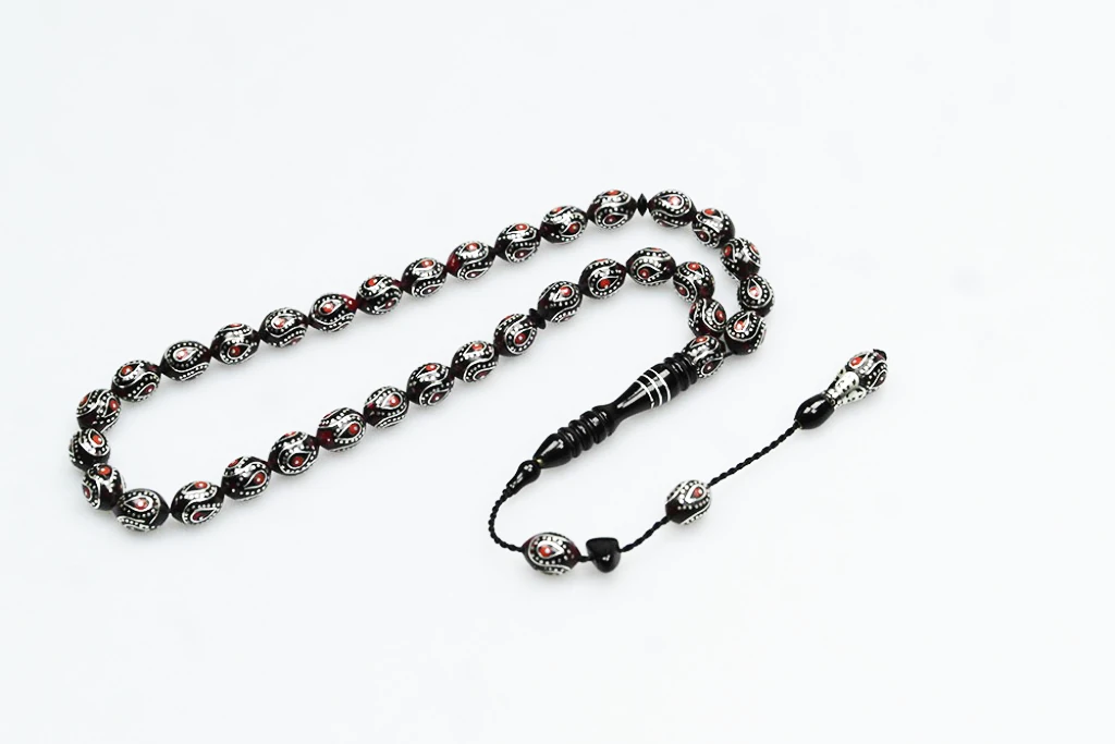 Oltu Taşı Kırmızı Galalith Damla İçi Damla İşlemeli Tespih