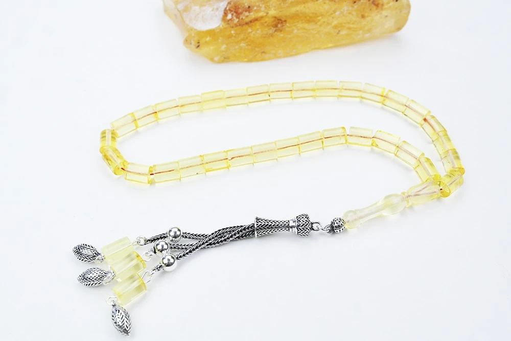 Kesme Model Gümüş Püskül Damla Kehribar Tespih