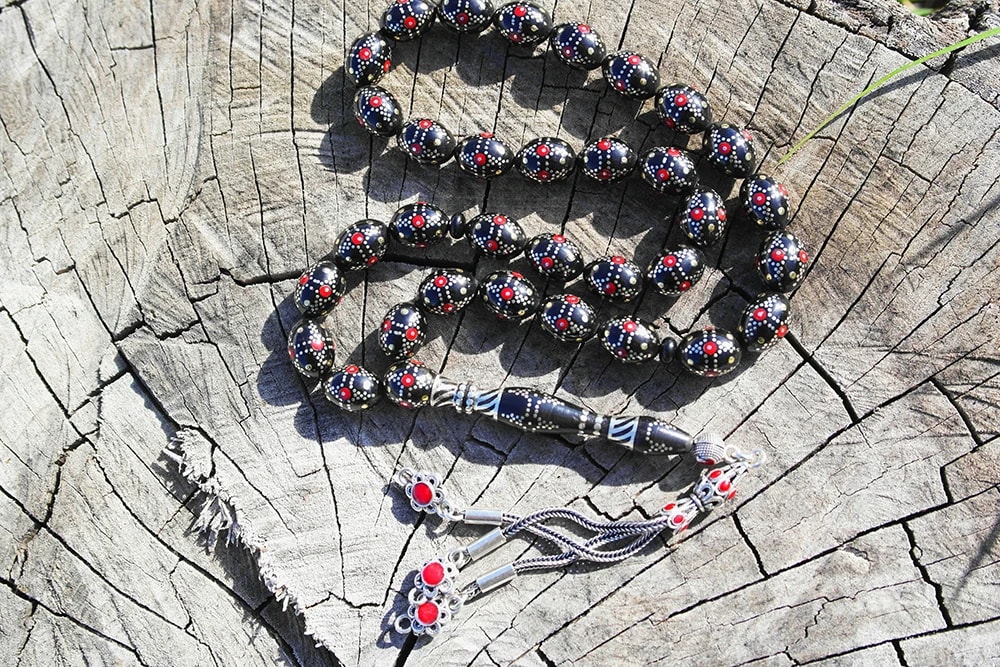 Kule Model Gümüş İşlemeli Oltu Sıkması Tespih