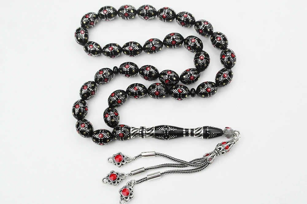 Kule Model Gümüş İşlemeli Oltu Sıkması Tespih