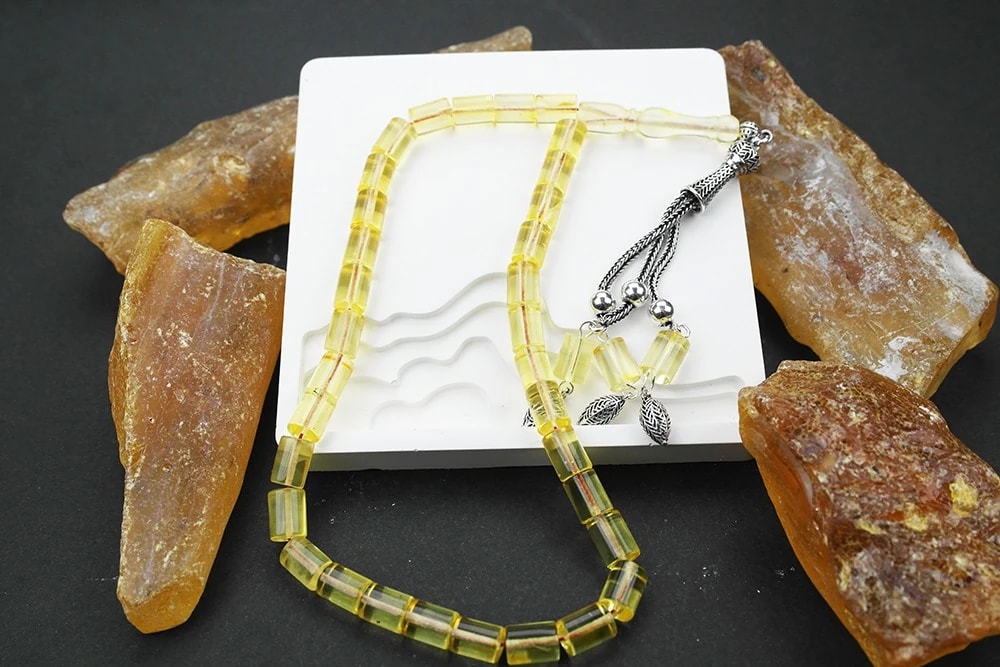 Kesme Model Gümüş Püskül Damla Kehribar Tespih