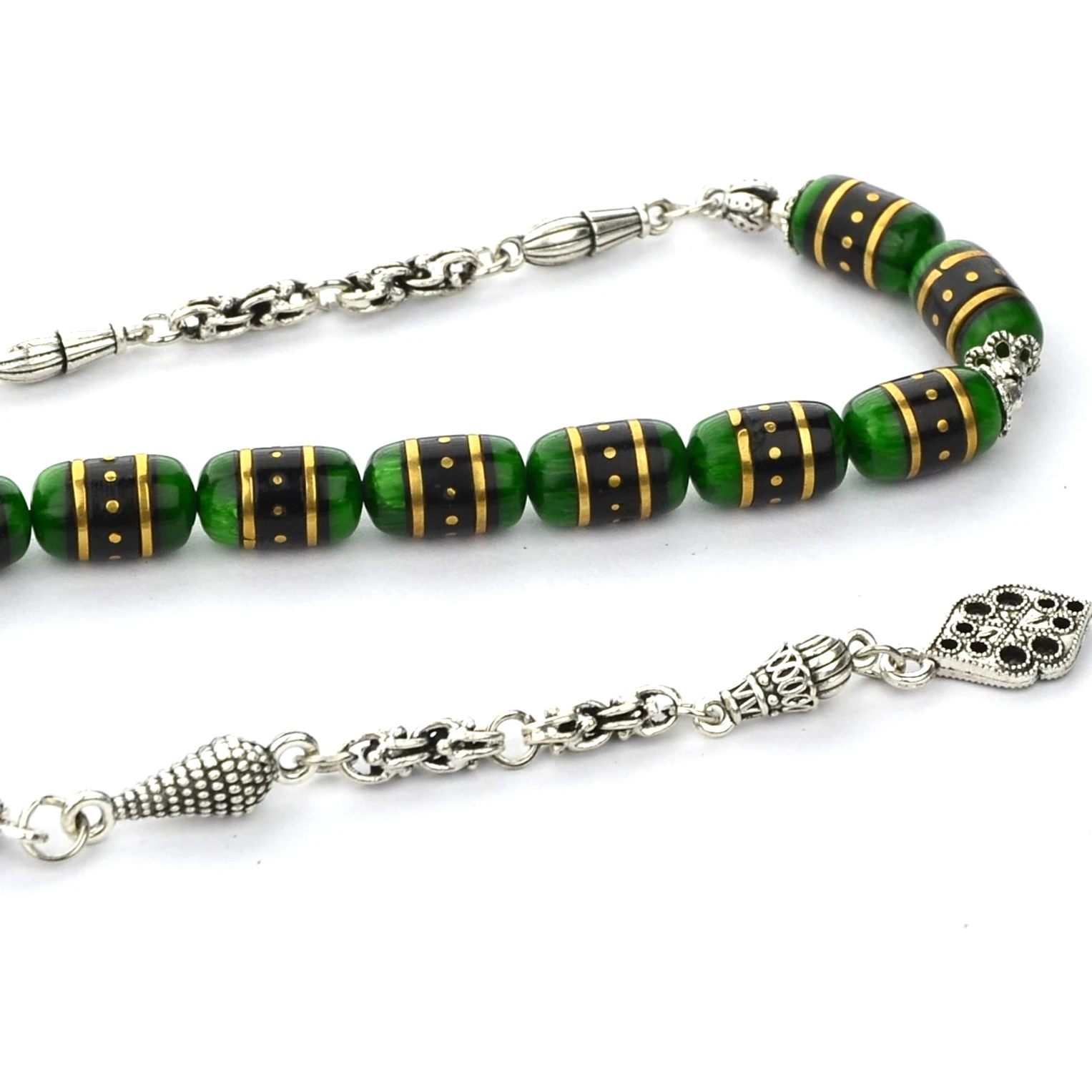 Galalith ve Oltu Taşı Gümüş İşlemeli Kapsül Kesim Zaza Tespih