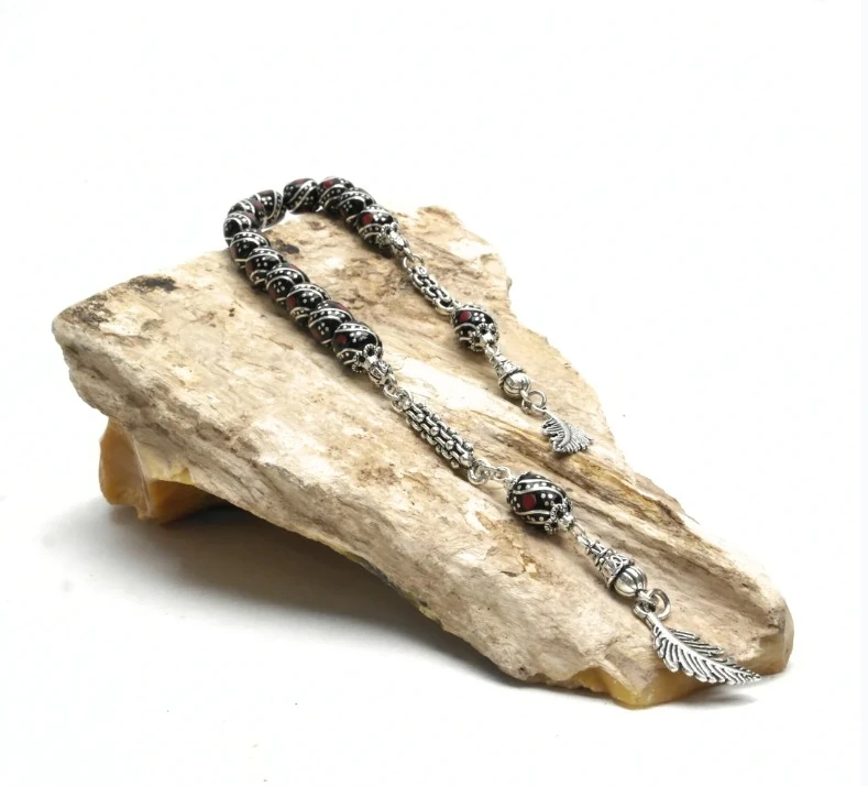 BlackCraft Kırmızı Kapsül Model Gümüş İşleme Oltu Taşı Zaza Tespih 