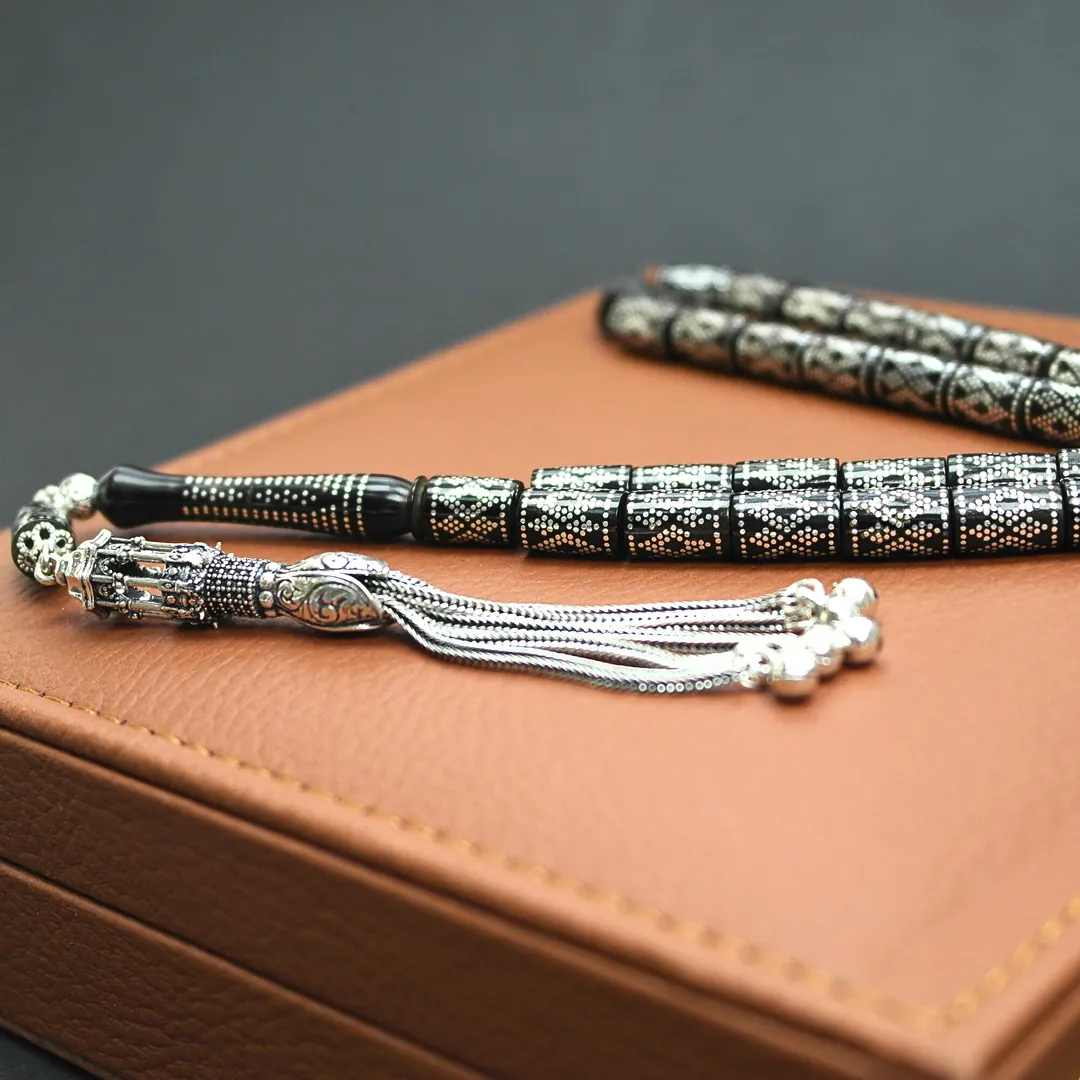 BlackCraft Kesme Model Yoğun Baklava Gümüş İşleme Oltu Taşı Tespih