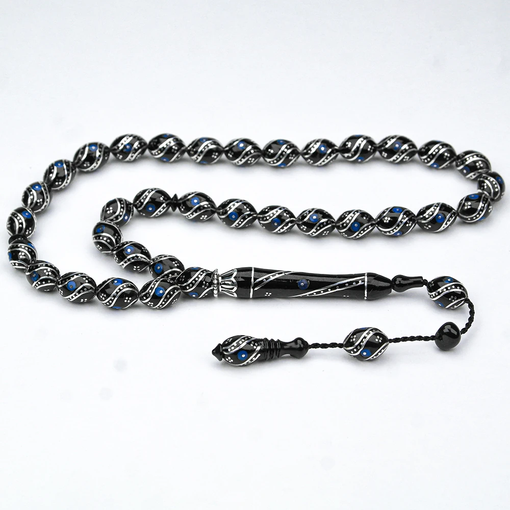 Oltu Taşı Çift Çeşm-i Bülbül  Mavi İşlemeli Tespih