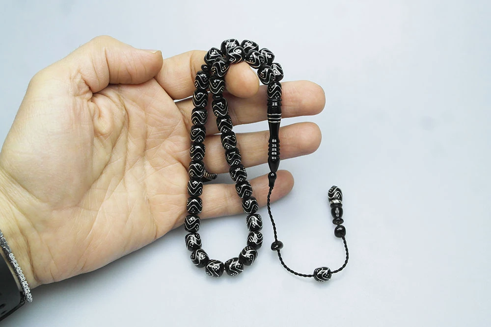 Oltu Taşı Çift Zikzak Tel İşleme Tesbih