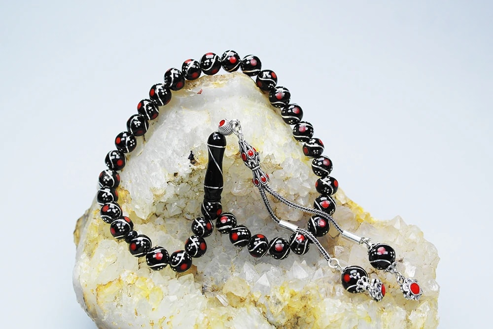 Oltu Taşı Üçlü Çeşmi Bülbül Kırmızı İşlemeli Tespih