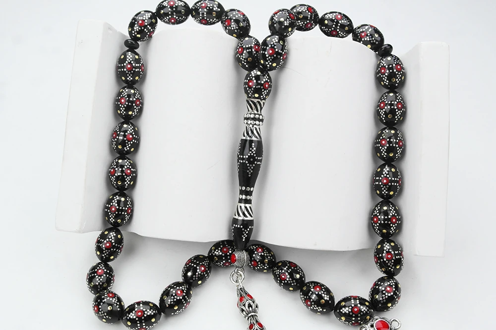 Kule Model Gümüş İşlemeli Oltu Sıkması Tespih