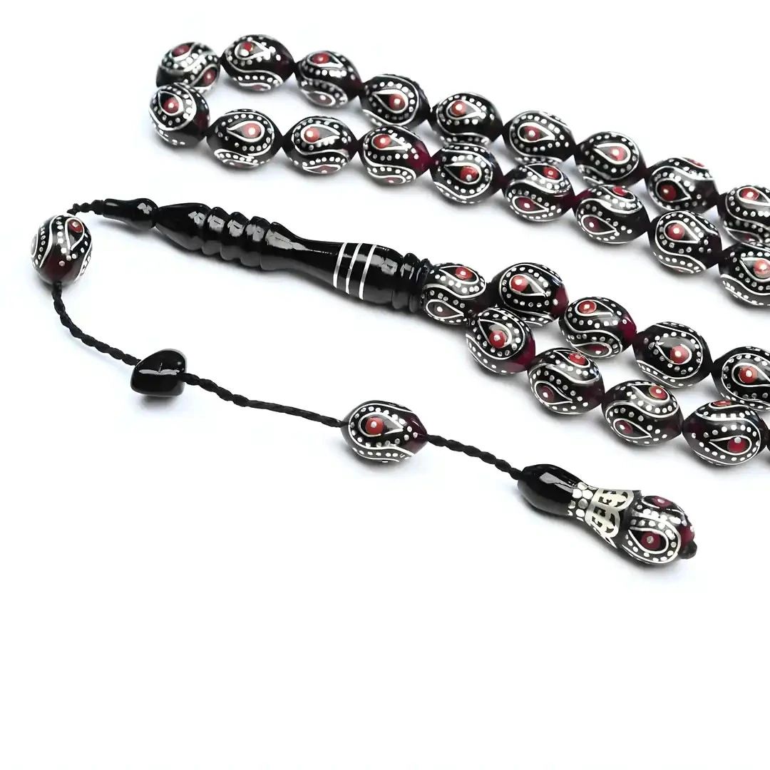 Oltu Taşı Kırmızı Galalith Damla İçi Damla İşlemeli Tespih