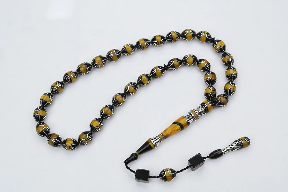 Oltu Taşı ve Galalith Beyzi Kesim Damla İşlemeli Tespih