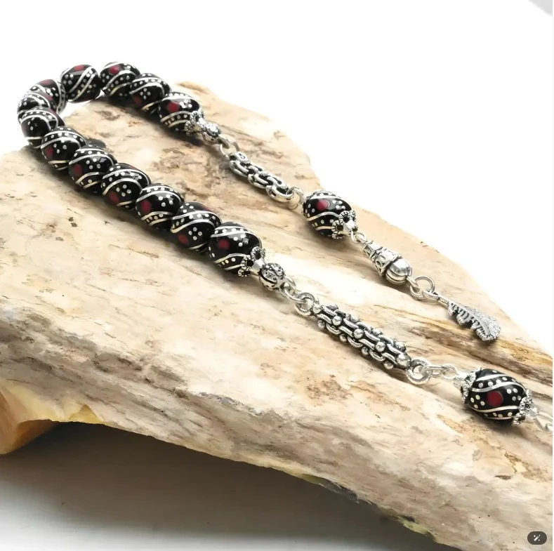 BlackCraft Kırmızı Kapsül Model Gümüş İşleme Oltu Taşı Zaza Tespih 