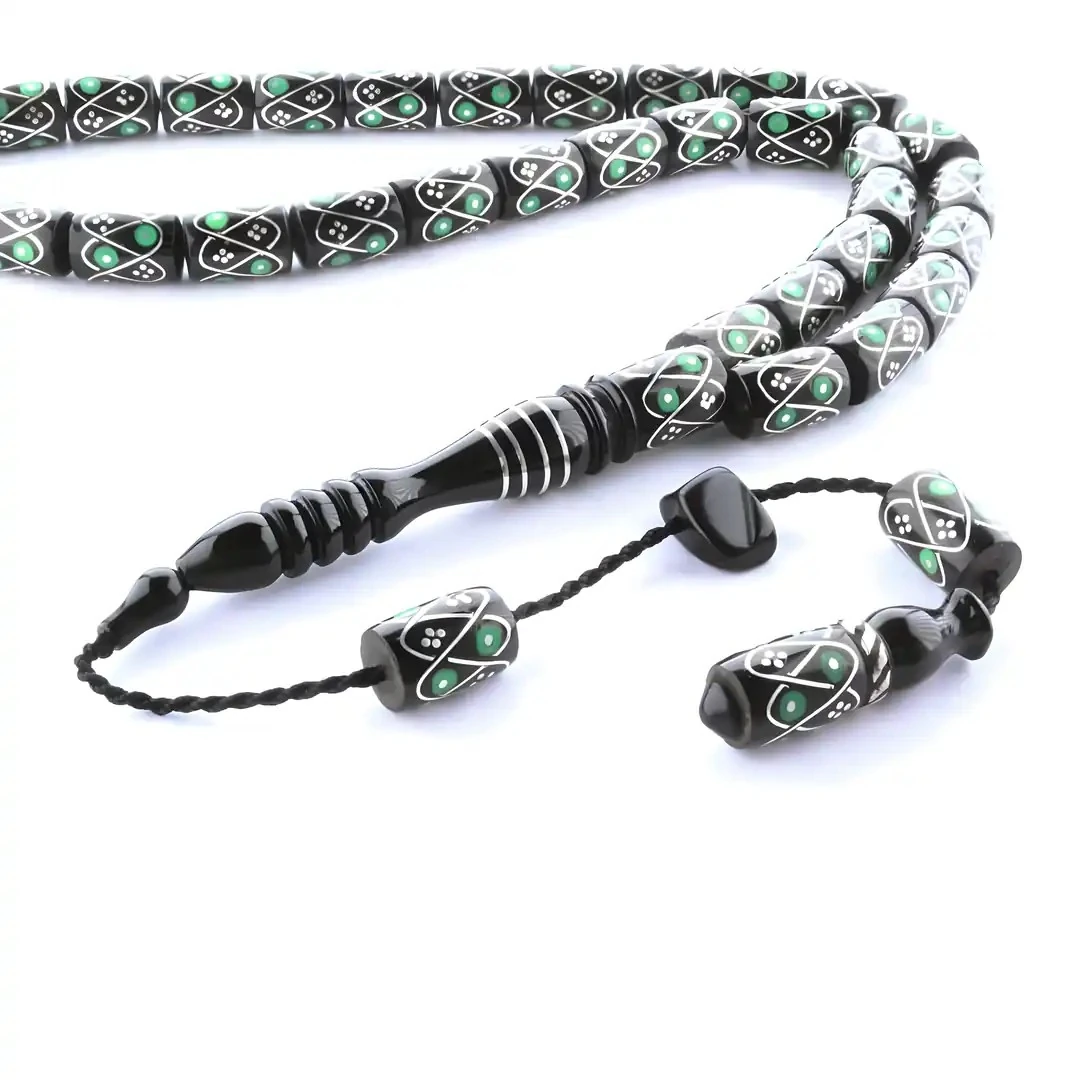 Oltu Taşı Yeşil Örgü İşlemeli Tespih