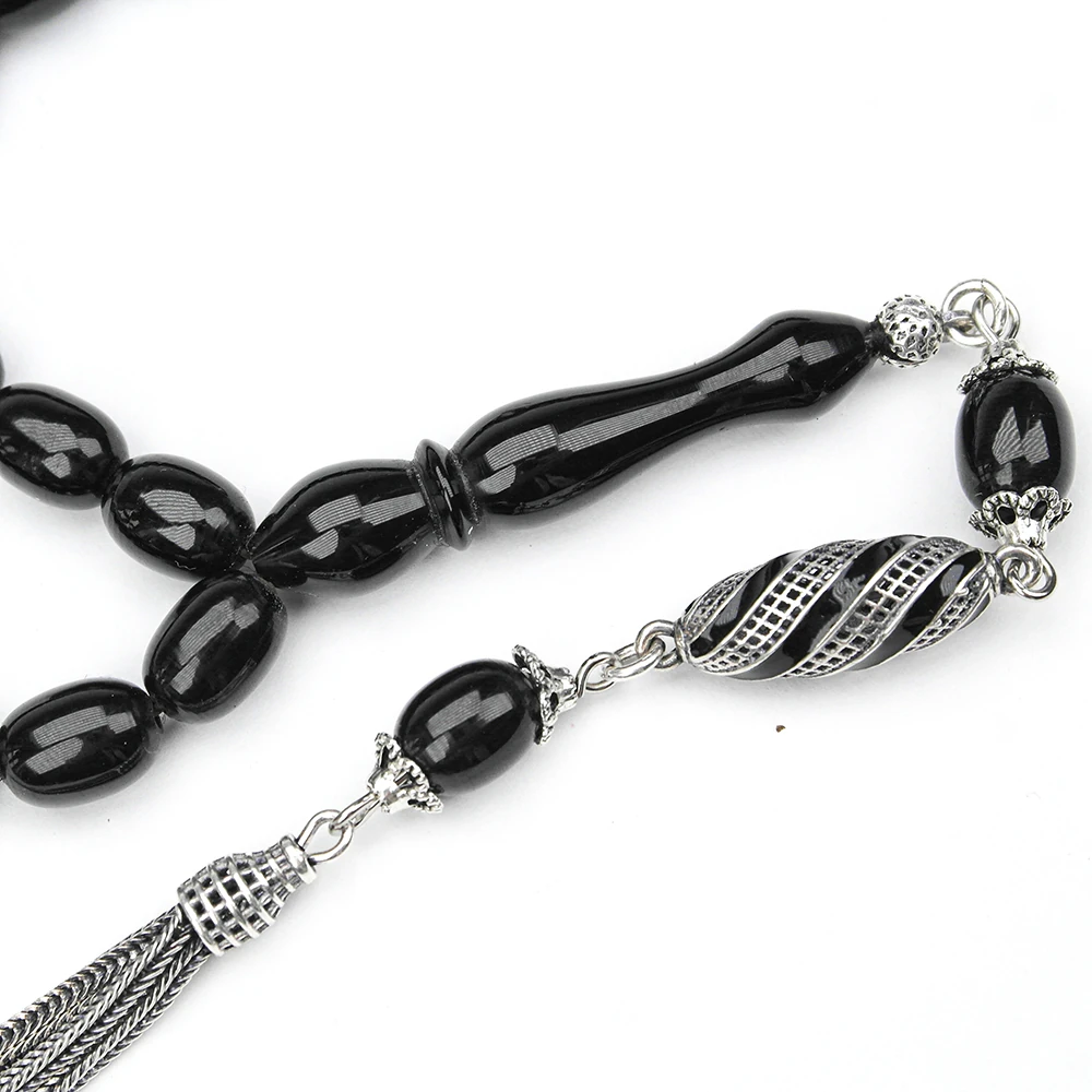 Oltu Taşı Beyzi Kesim  Gümüş Püsküllü Oltu Taşı Tespih