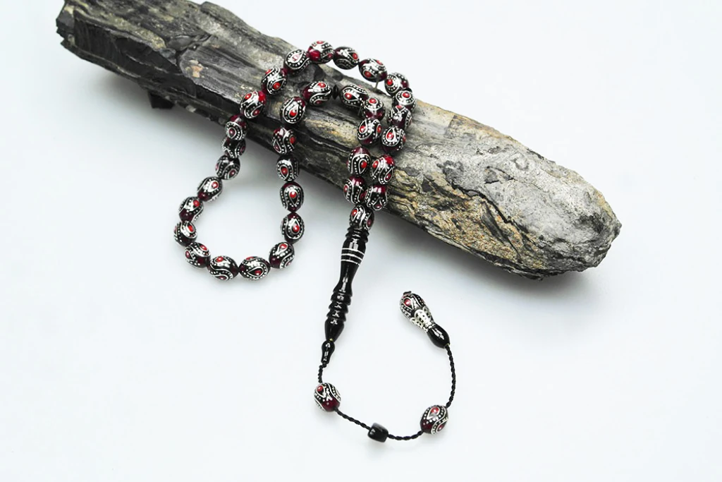 Oltu Taşı Kırmızı Galalith Damla İçi Damla İşlemeli Tespih