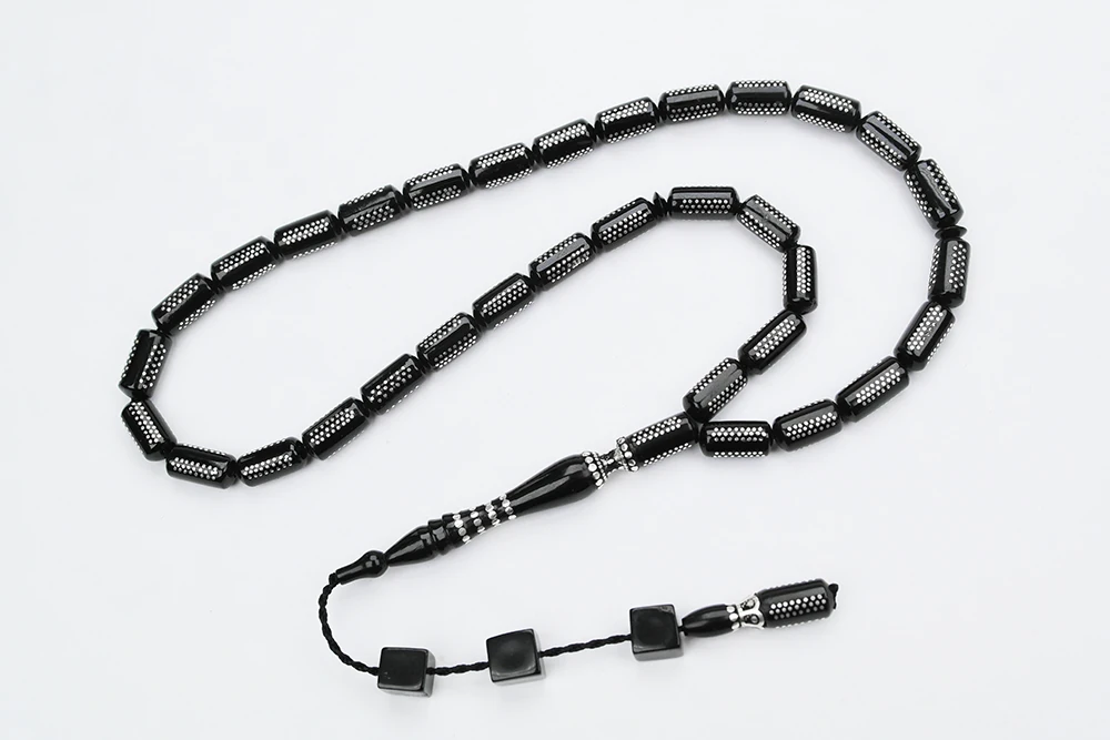 Oltu Taşı  Boru Kesim Kilim Desen İşlemeli Tespih