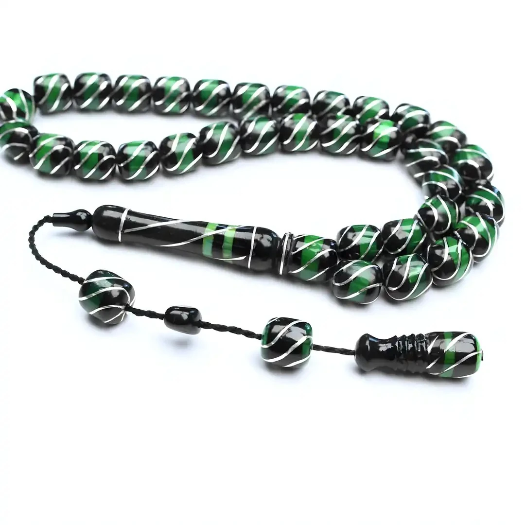 Oltu Taşı ve Yeşil Galalith Çeşmi Bülbül İşlemeli Tespih