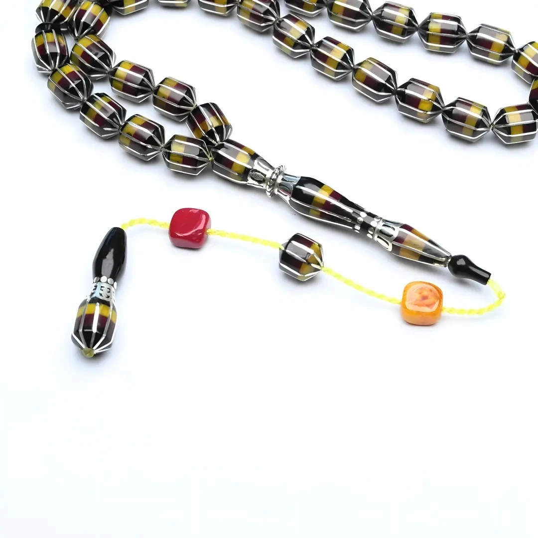 Tıraşlı Kesme 1000 Ayar Gümüş İşlemeli Oltu Taşı Ve Galalith  Karpuz Dilim İşlemeli Tespih