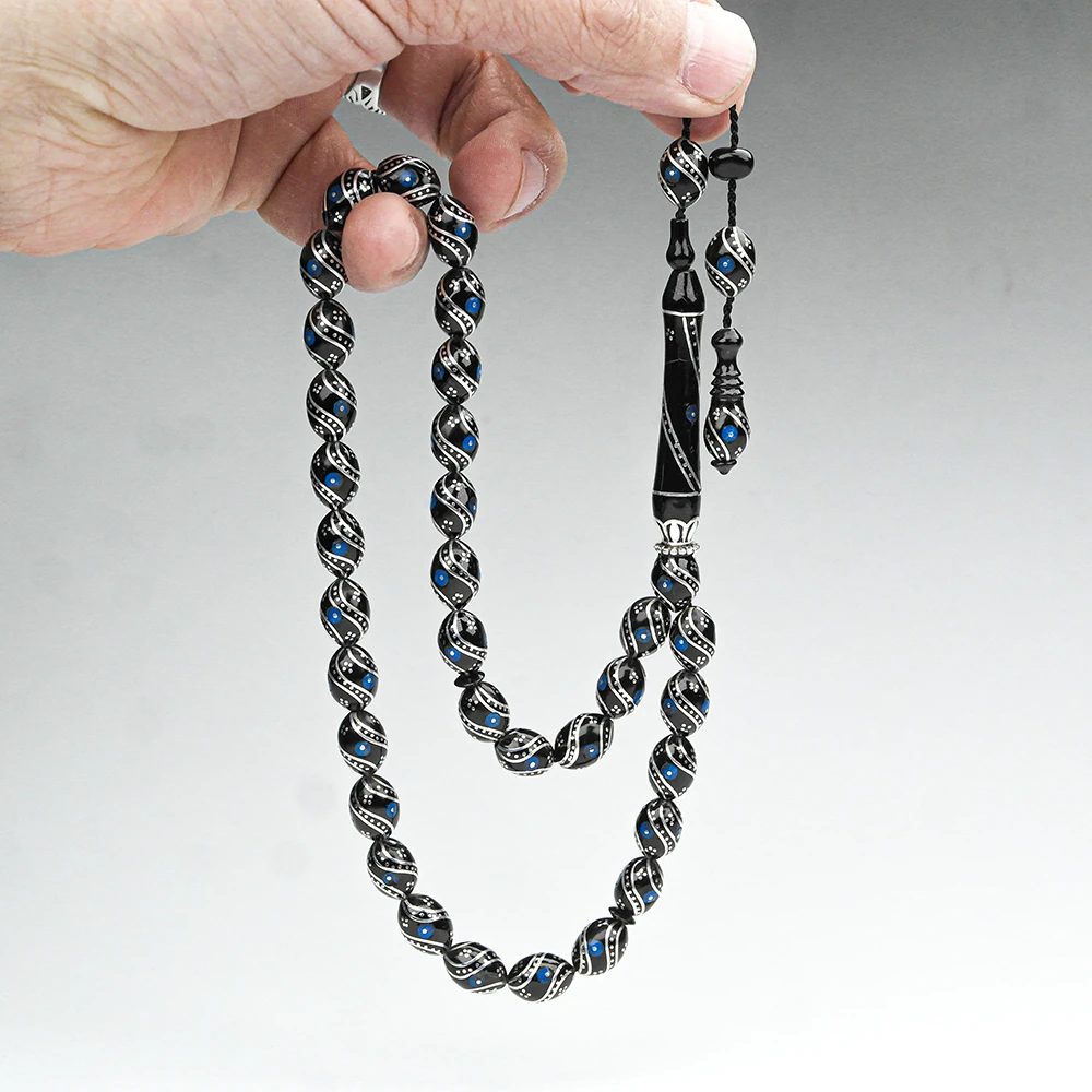 Oltu Taşı Çift Çeşm-i Bülbül  Mavi İşlemeli Tespih