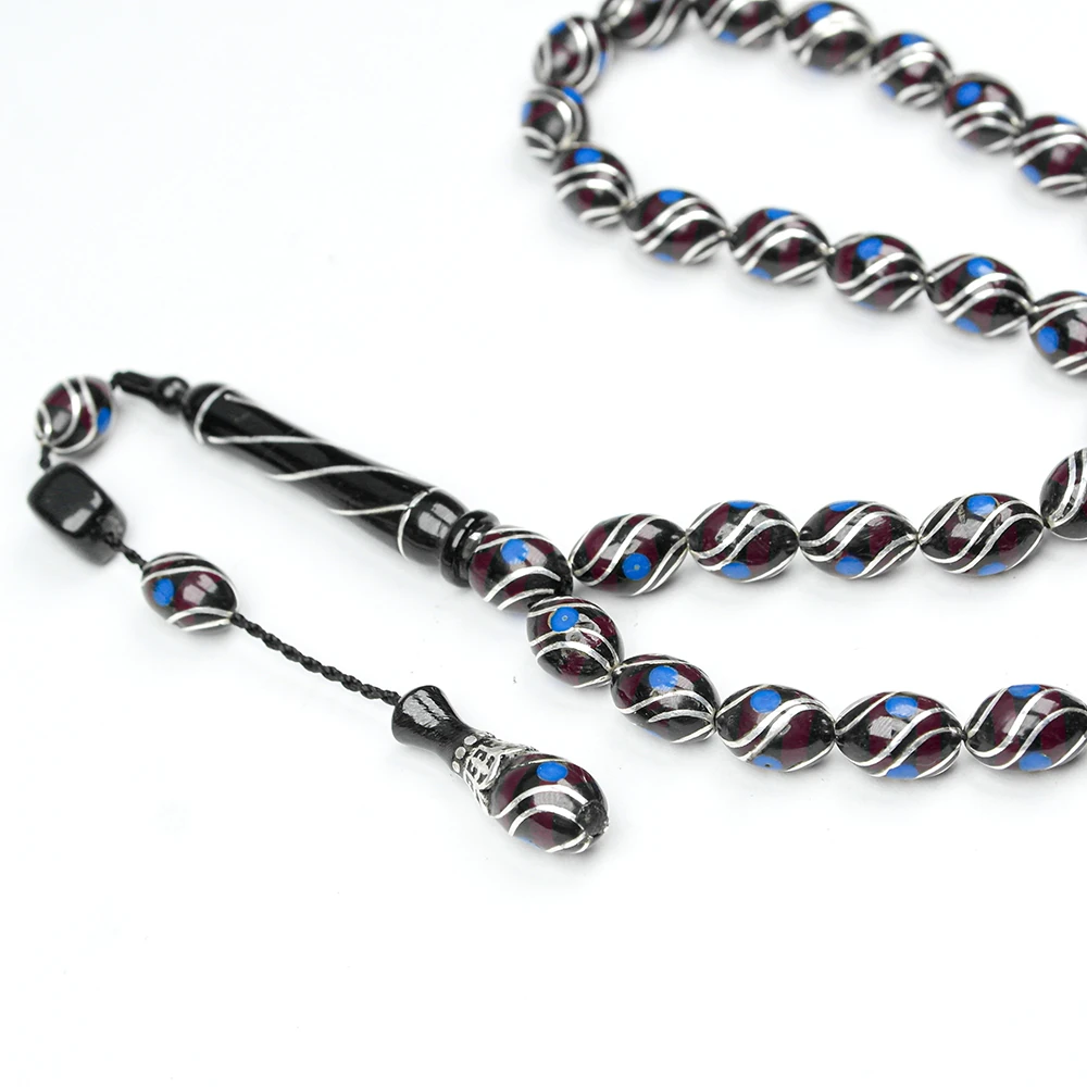 Oltu Taşı ve  Kırmızı Galalith Çift Çeşmi İşlemeli Tespih