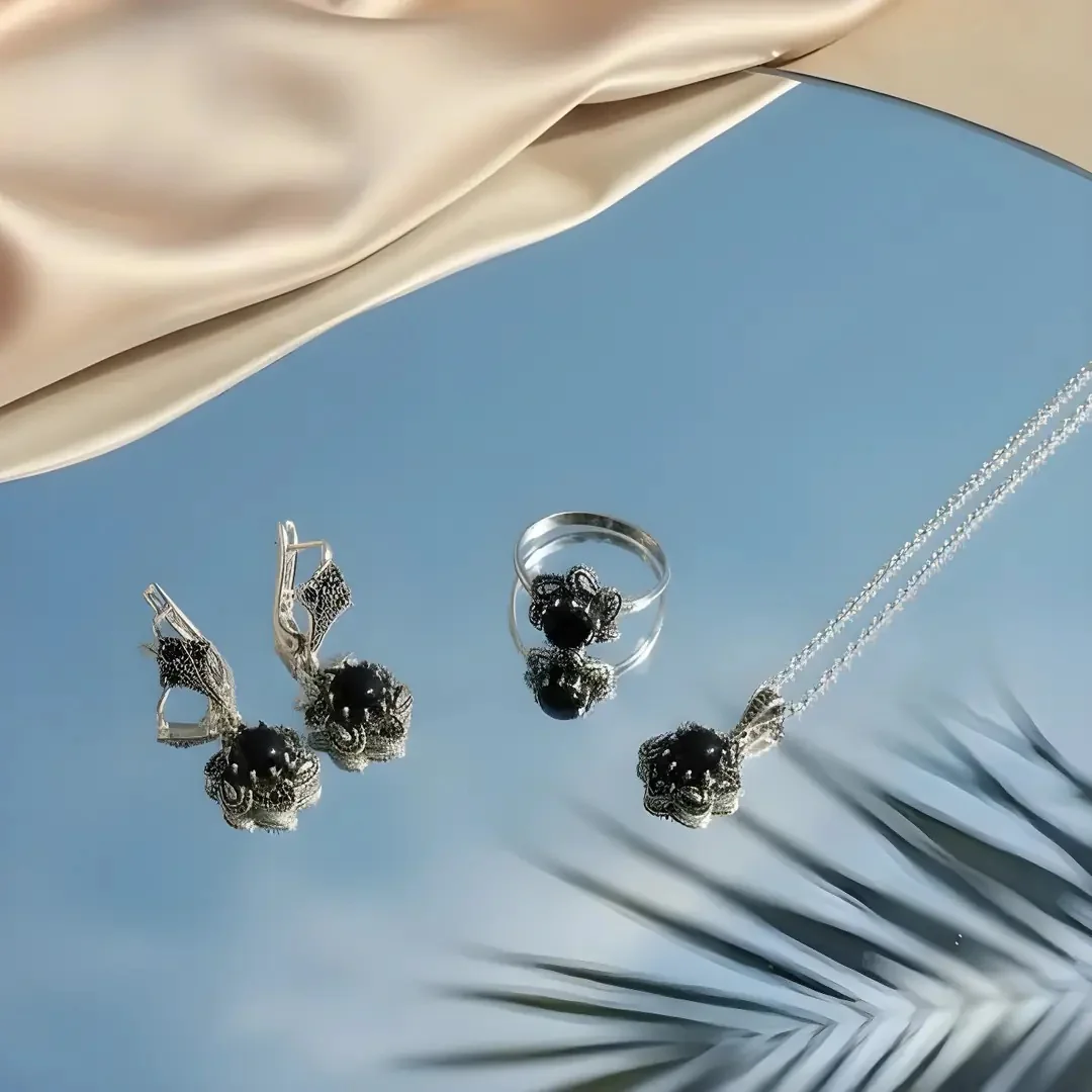 BlackCraft Rüzgar Kadın Oltu Taşı ve Gümüş Takı Seti