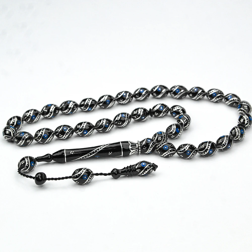 Oltu Taşı Çift Çeşm-i Bülbül  Mavi İşlemeli Tespih