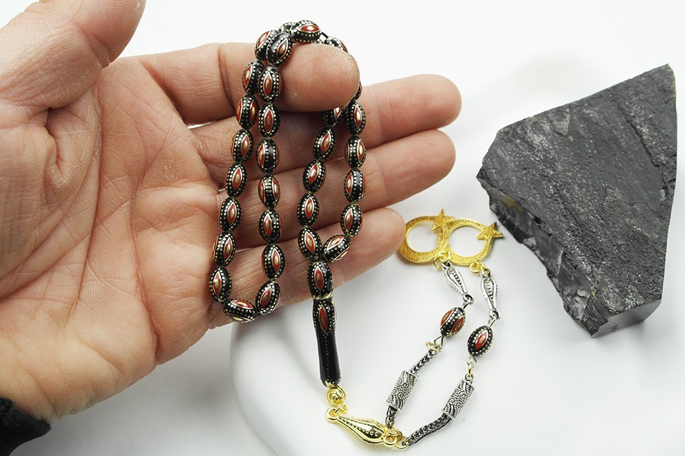 Arpa Model Kırmızı Mine  İşlemeli Pirinç Kafes Tespih