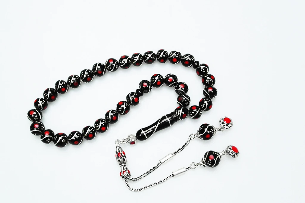 Oltu Taşı Üçlü Çeşmi Bülbül Kırmızı İşlemeli Tespih