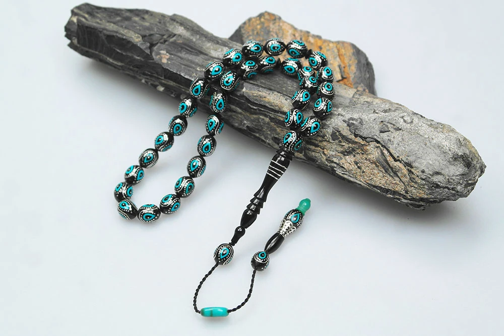 Oltu Taşı ve Turkuaz Mineli Damla Tespih