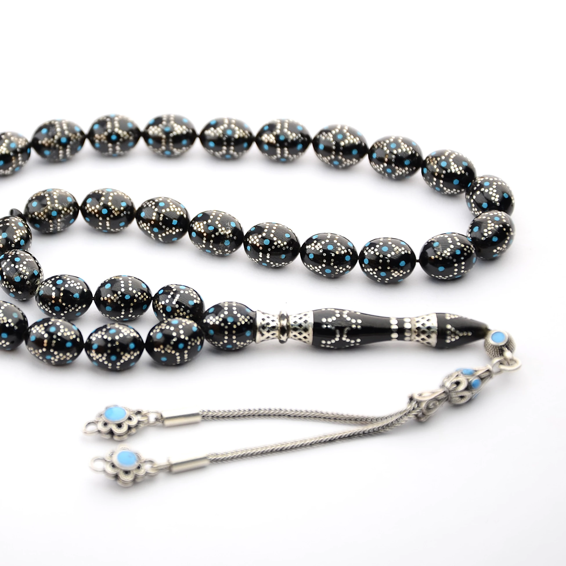 Kule Model Mavi Mine ve Gümüş İşlemeli Oltu Sıkması Tespih