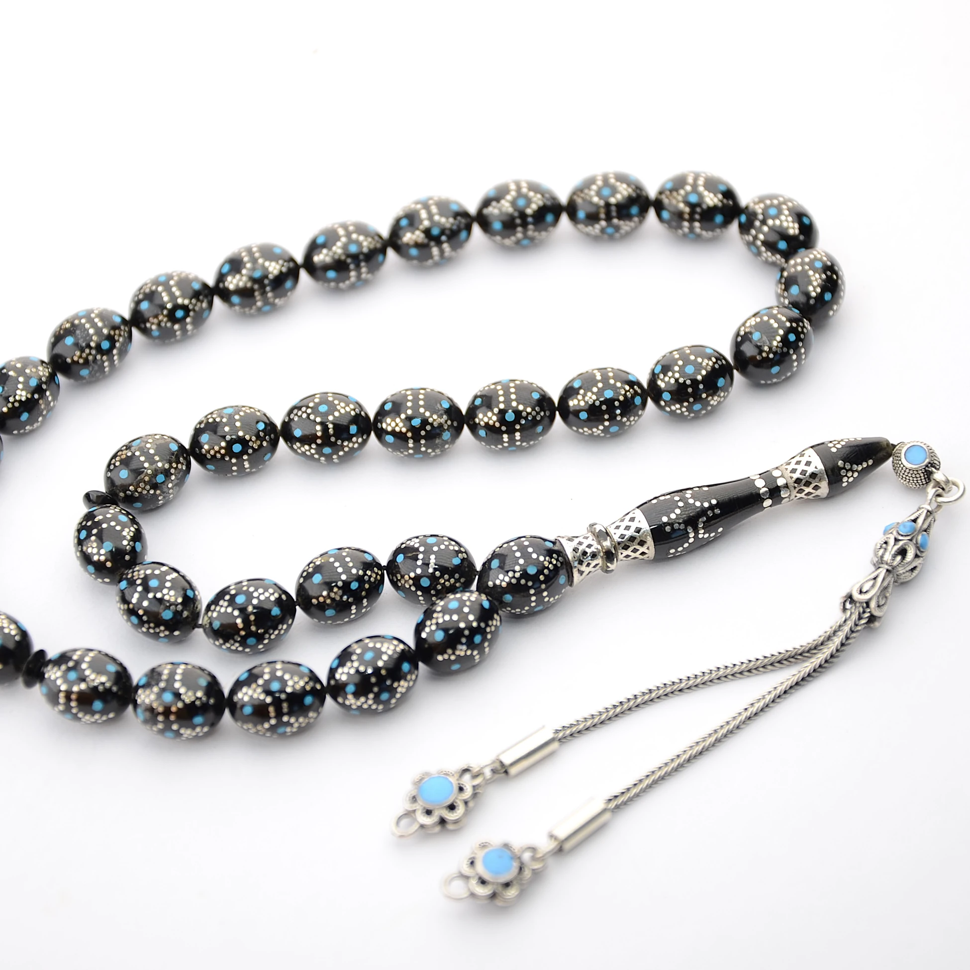 Kule Model Mavi Mine ve Gümüş İşlemeli Oltu Sıkması Tespih