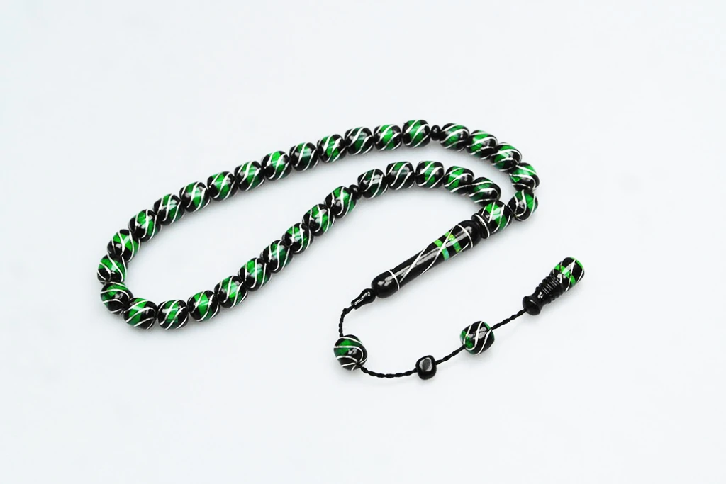 Oltu Taşı ve Yeşil Galalith Çeşmi Bülbül İşlemeli Tespih