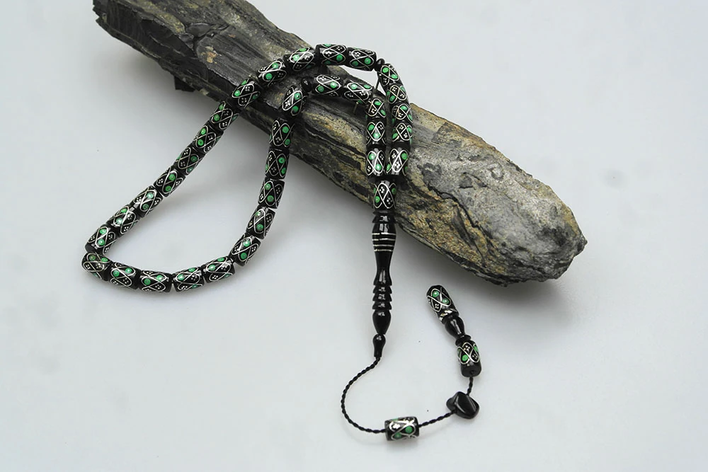 Oltu Taşı Yeşil Örgü İşlemeli Tespih