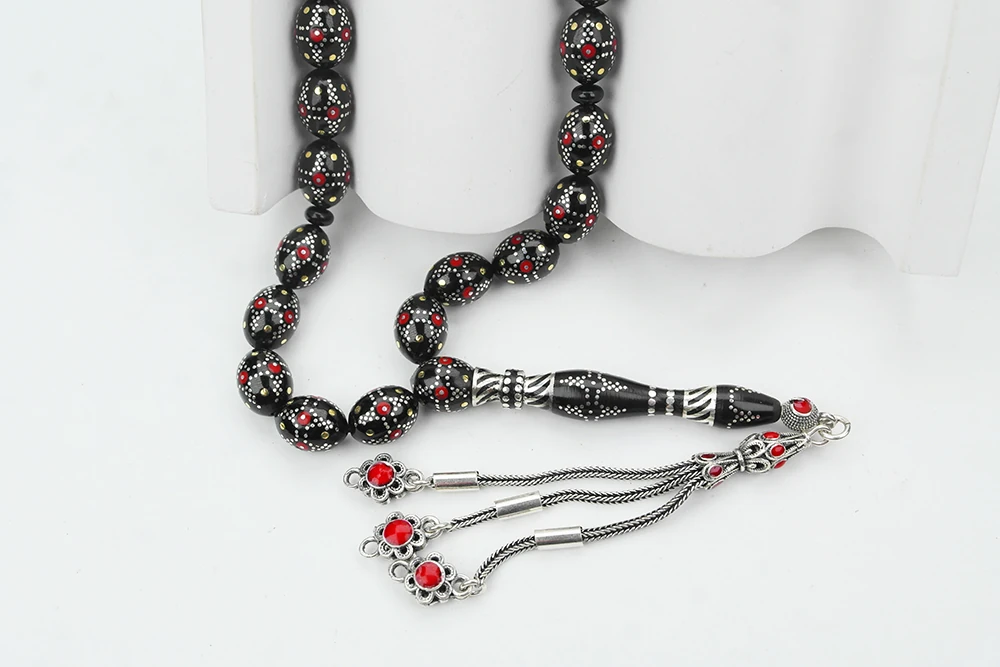 Kule Model Gümüş İşlemeli Oltu Sıkması Tespih