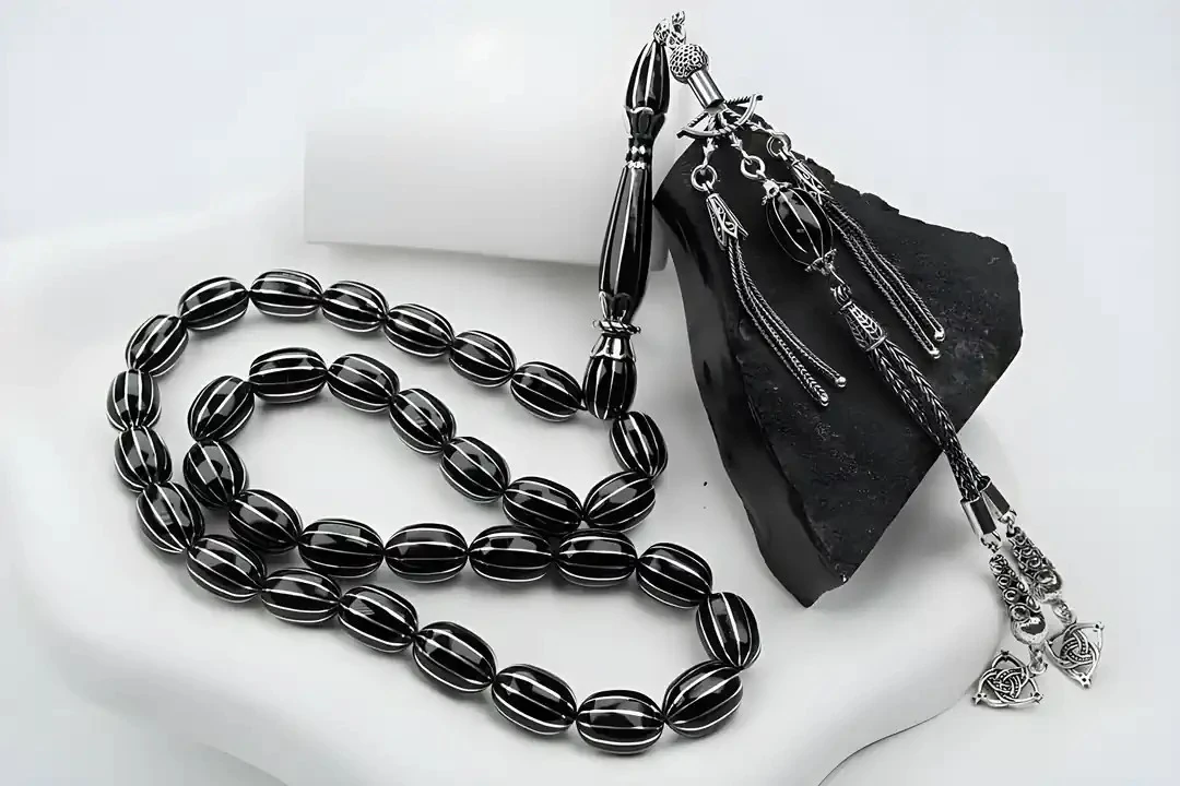 Oltu Taşı Beyzi Model On İkili Karpuz  Nakkaş İmame İşlemeli Tespih