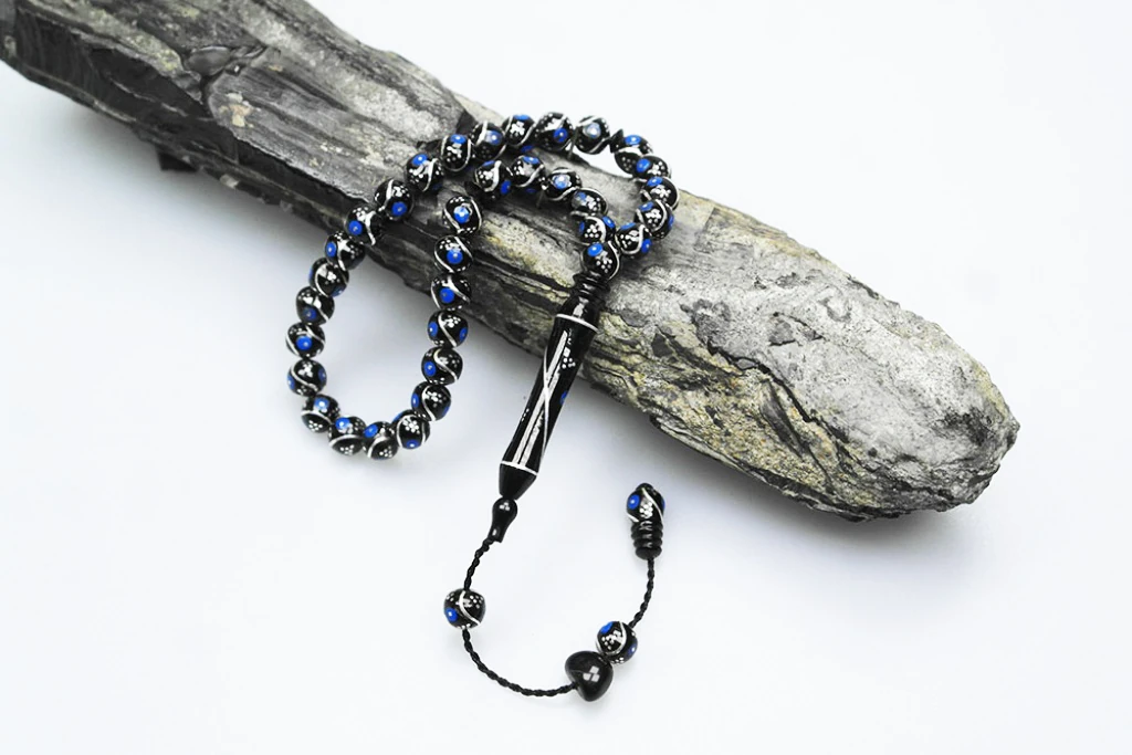 Oltu Taşı Bürokrat Boy Üçlü Çeşmi Bülbül Mavi İşlemeli Tespih