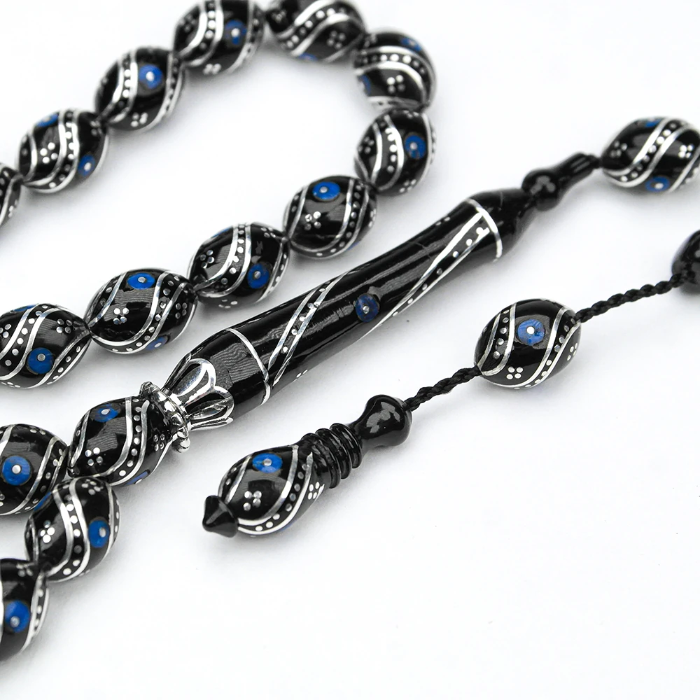 Oltu Taşı Çift Çeşm-i Bülbül  Mavi İşlemeli Tespih