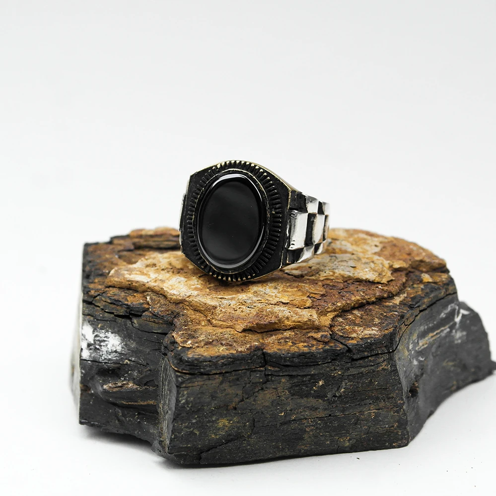 Kordon Desenli Opsidyen Taşlı Gümüş Model Erkek Yüzük
