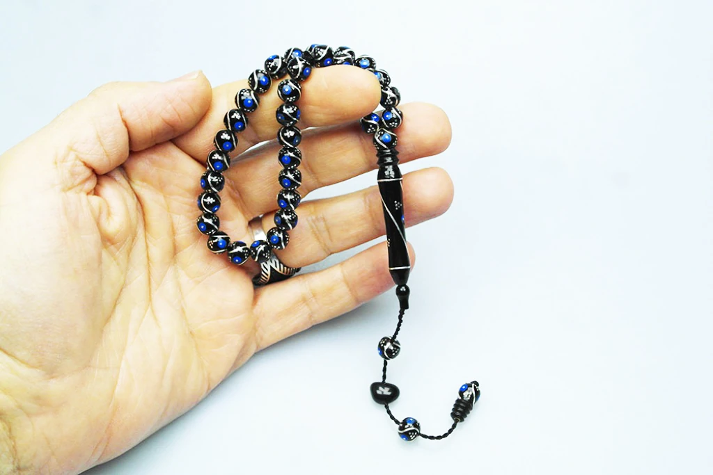 Oltu Taşı Bürokrat Boy Üçlü Çeşmi Bülbül Mavi İşlemeli Tespih