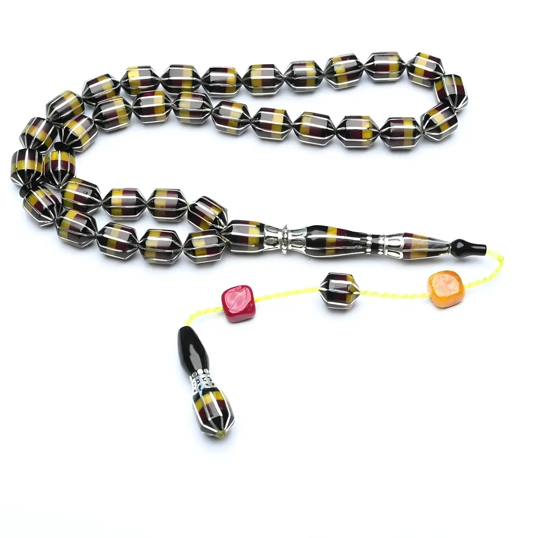 Tıraşlı Kesme 1000 Ayar Gümüş İşlemeli Oltu Taşı Ve Galalith  Karpuz Dilim İşlemeli Tespih