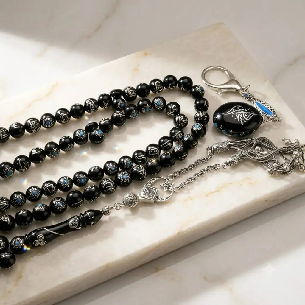 BlackCraft Oltu Taşı Firuze İşlemeli Allah Lafızlı Namaz Tespihi