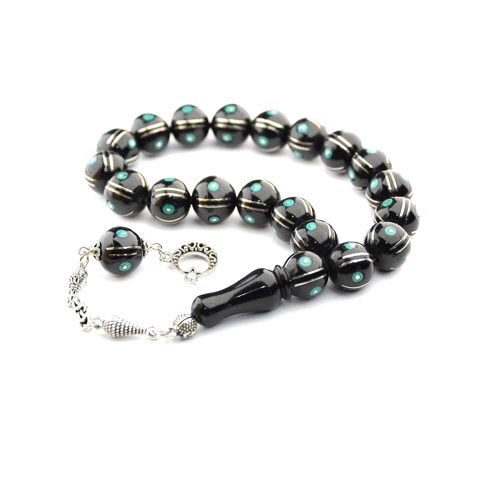 Maskot Yeşil Firuze Karpuz İşlemeli Oltu Sıkma Tespih