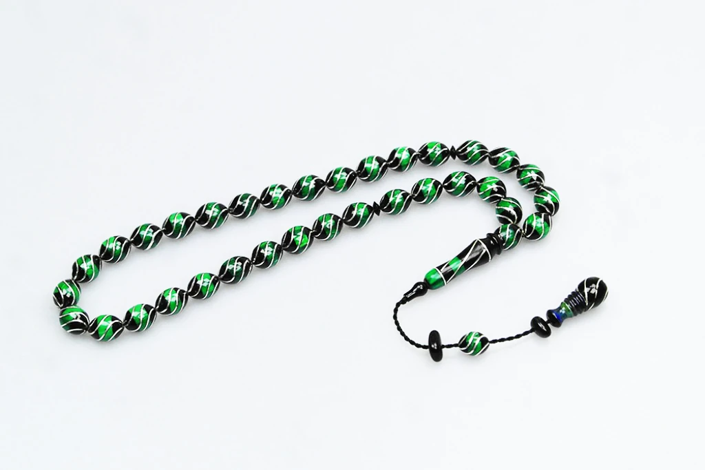 Oltu Taşı Ve Yeşil Galalith Çeşmi Bülbül İşlemeli Tespih