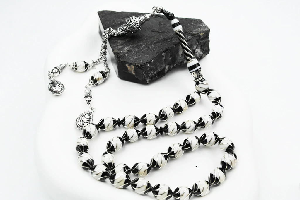 Oltu Taşı Beyzi Model  İşlemeli Altılı Çeşmi Bülbül  Beyaz Galalith Tespih