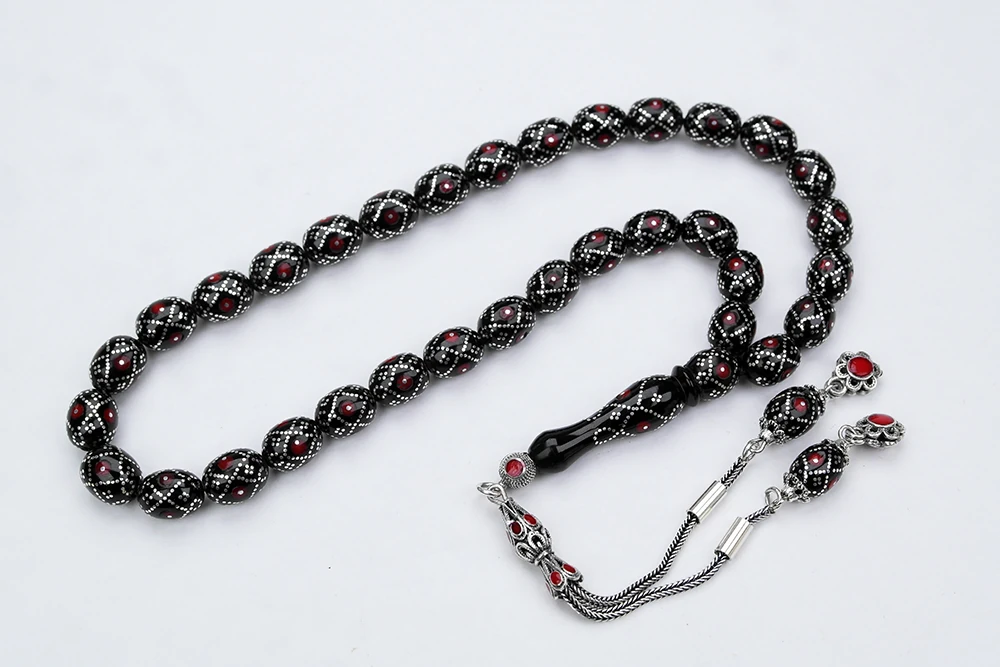 Oltu Taşı  Beyzi Fiyonk Kırmızı İşlemeli Tespih