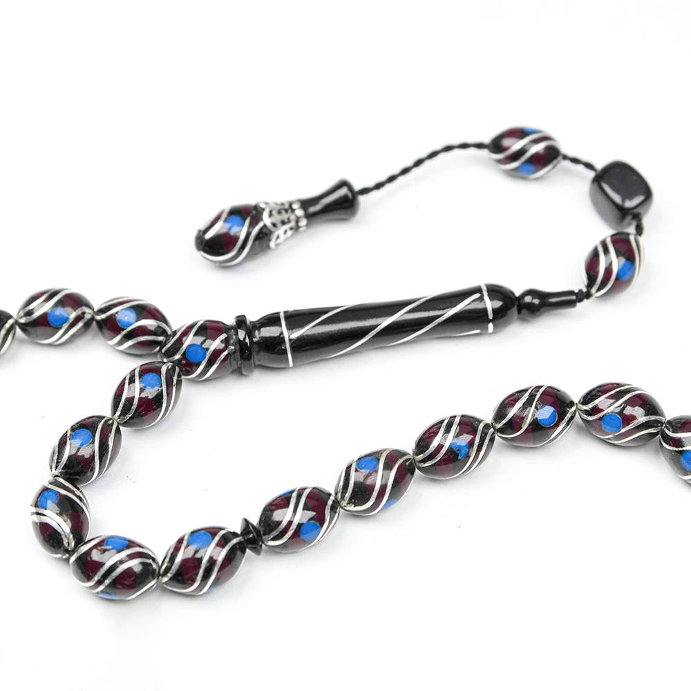 Oltu Taşı ve  Kırmızı Galalith Çift Çeşmi İşlemeli Tespih