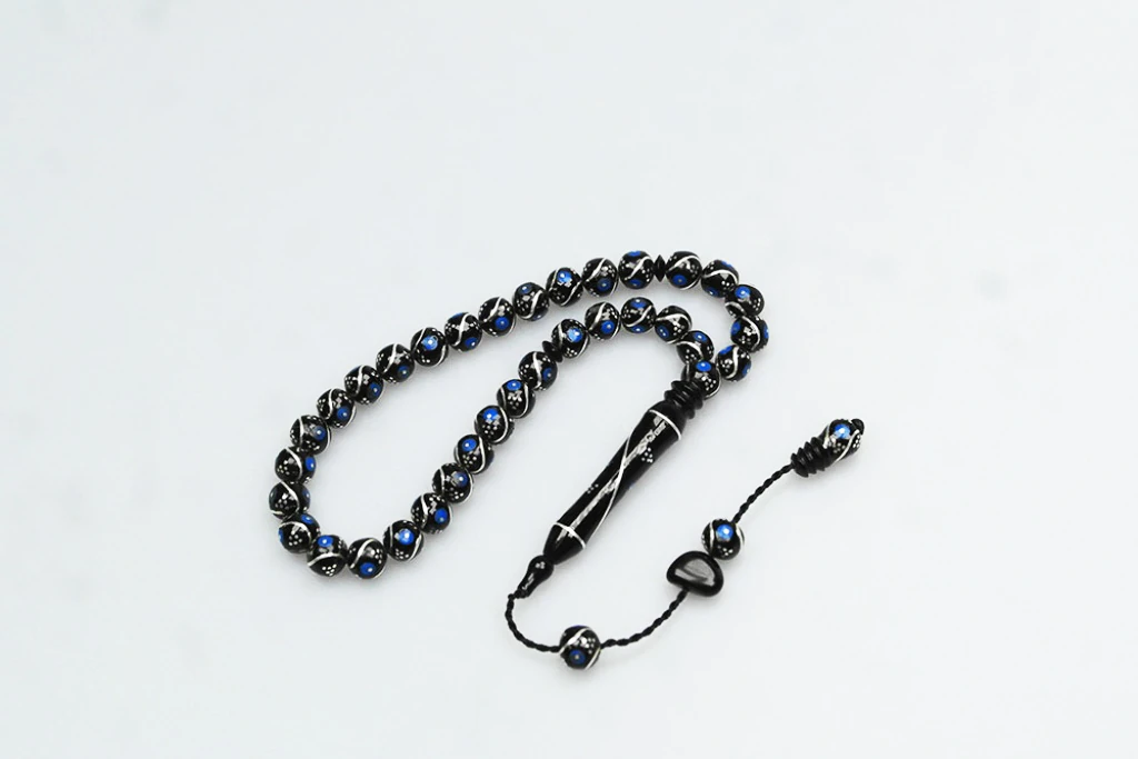 Oltu Taşı Bürokrat Boy Üçlü Çeşmi Bülbül Mavi İşlemeli Tespih