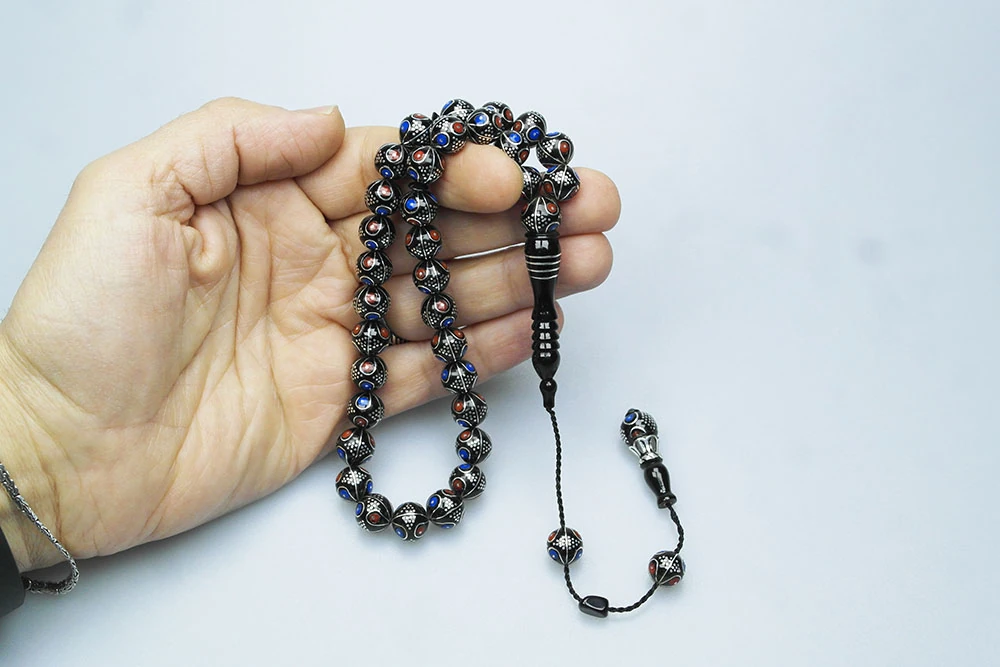 Oltu Taşı Çift Renk Damla Karpuz İşlemeli Tespih