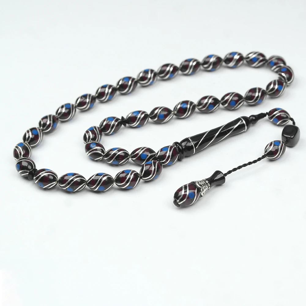 Oltu Taşı ve  Kırmızı Galalith Çift Çeşmi İşlemeli Tespih